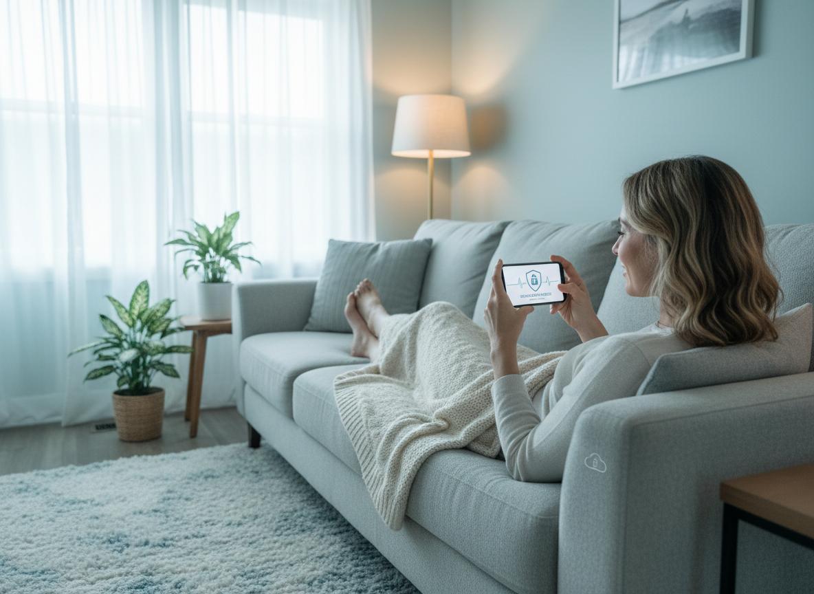 women with phone and couch